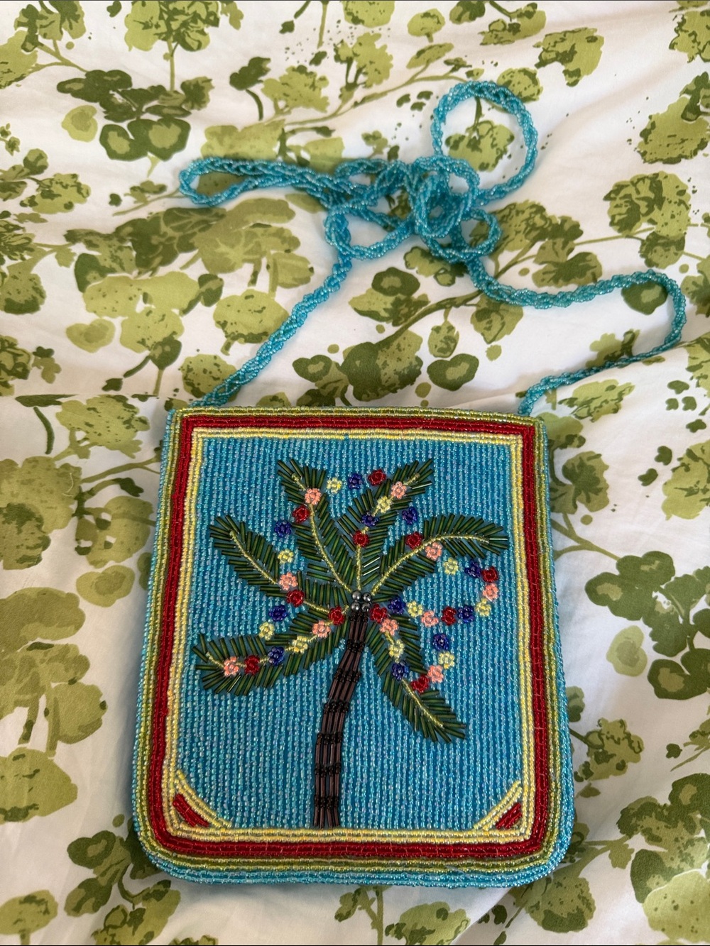 Fun Little Hand-Beaded Turquoise Palm Tree Crossbody Bag